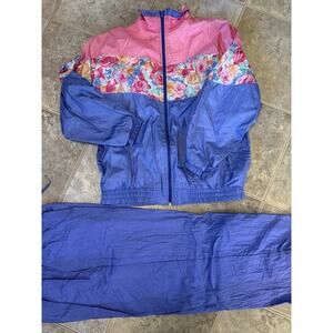 Vintage 90s Bold Spirit Floral Colorblock Nylon Tracksuit Jacket Pants M